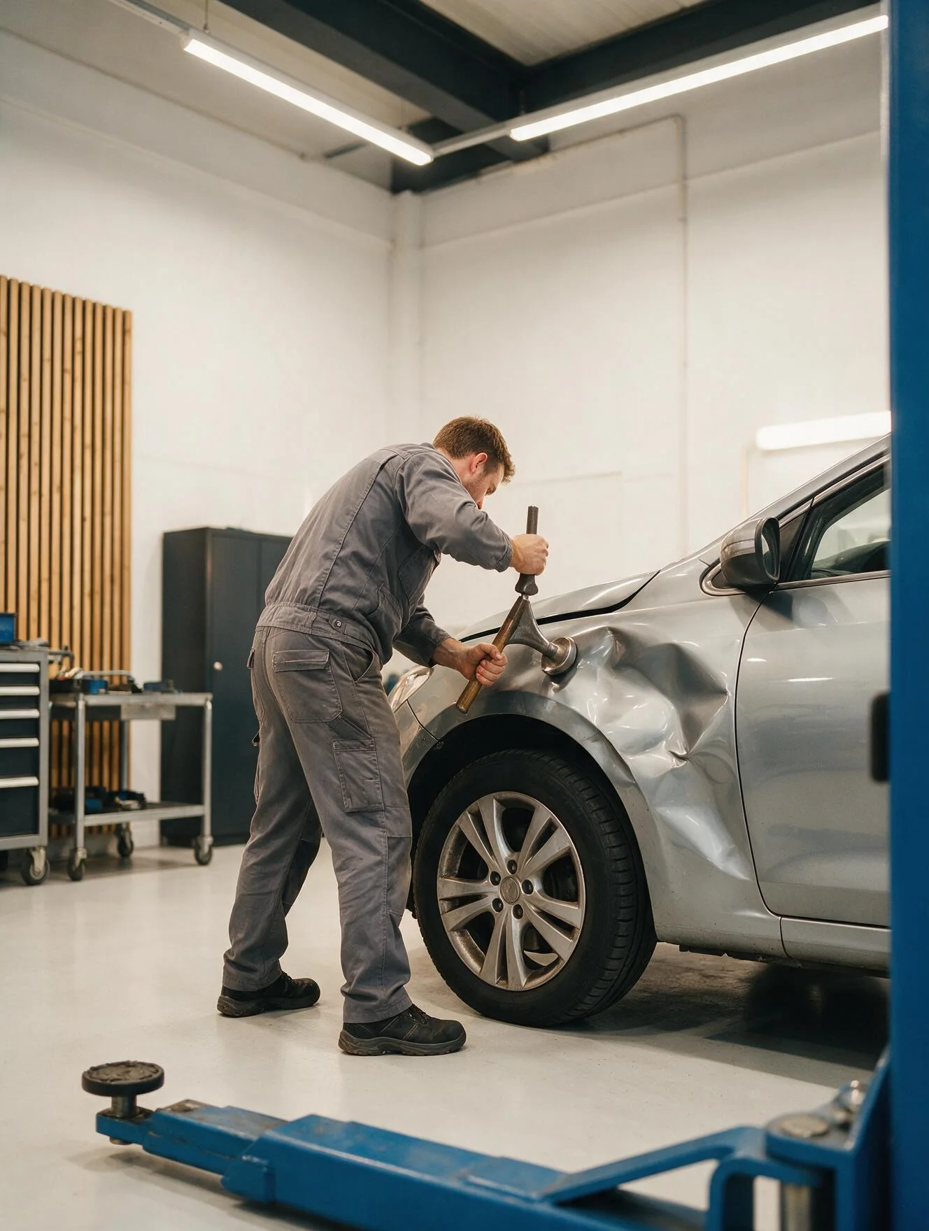 Karosseriebauer zieht eine Delle am Kotflügel eines silbernen Autos mit dem Ausbeulwerkzeug heraus